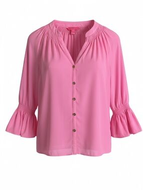 Lilly Pulitzer women’s Pink Ruffle-Sleeve Button Front Blouse size S